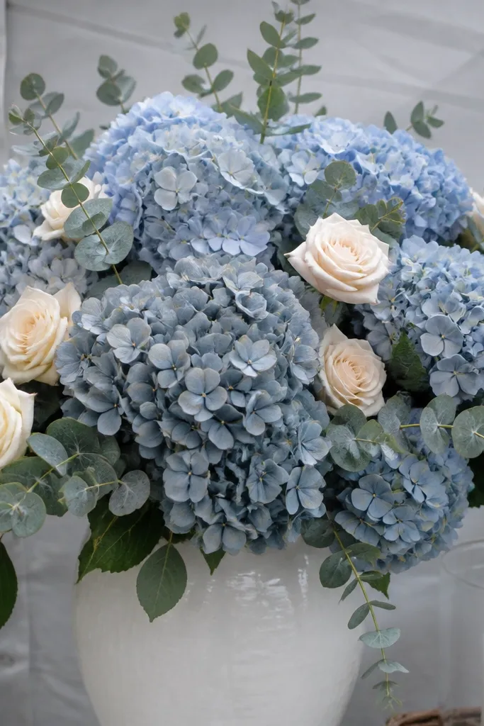 Blue-gray hydrangea bouquets with cream roses and eucalyptus on a wooden table