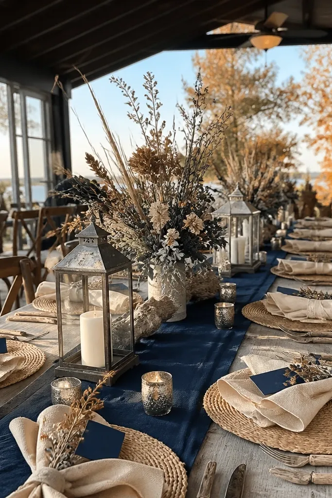 Navy table runner with driftwood decor and oat napkins on a beach reception