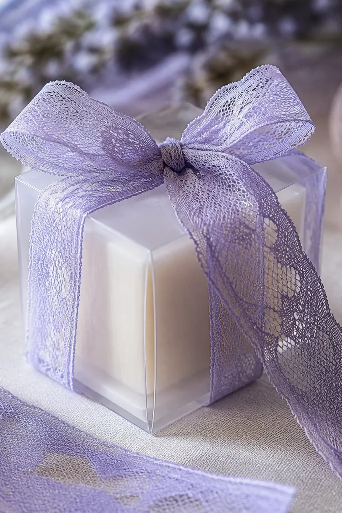 Periwinkle lace ribbon tied around glass bottles with cream flowers and sand tableware