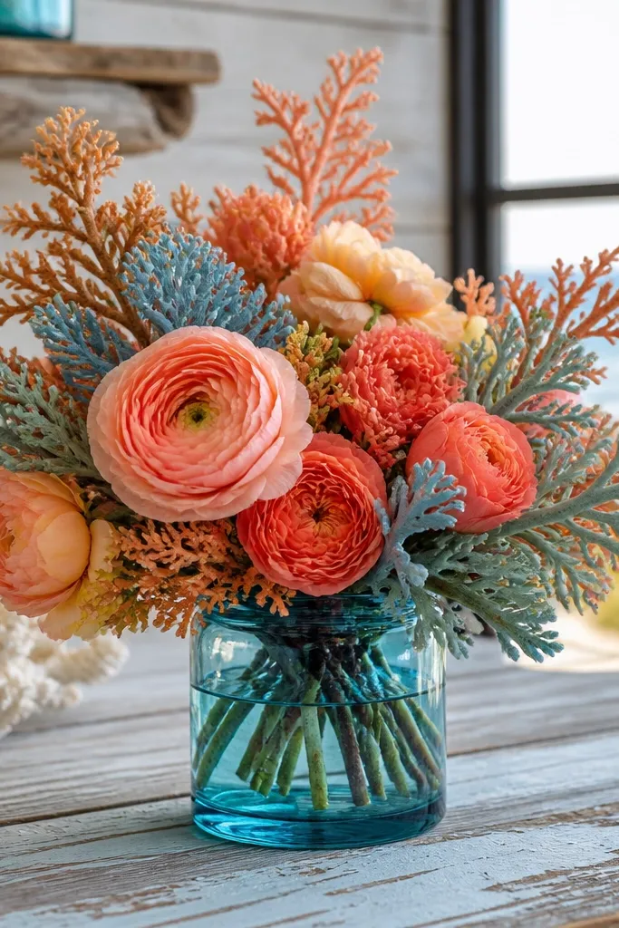 Aqua accents with coral blush flowers and white linens on a coastal table