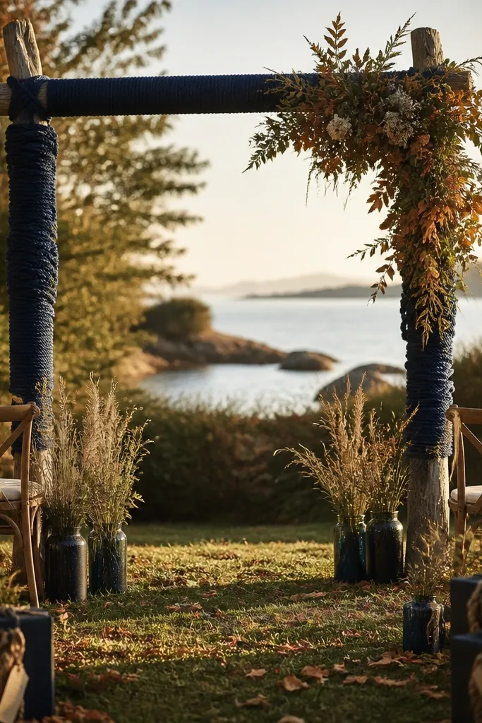 Indigo rope tied around white candles with eucalyptus and sandy table runners