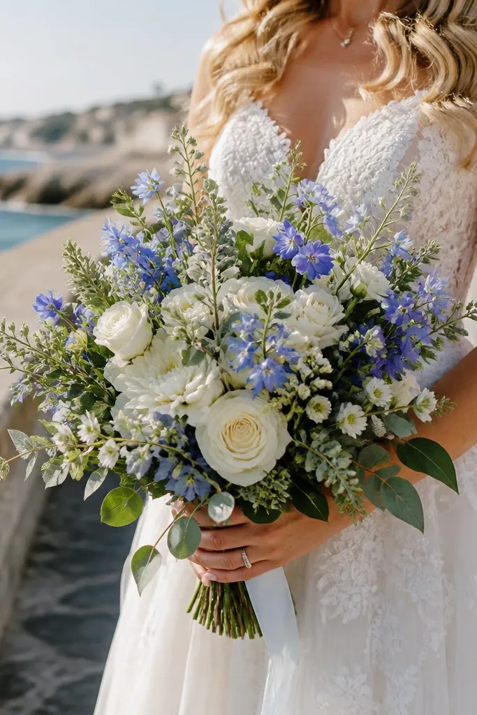 Bluebell-blue flowers in small bouquets with white baby's breath and oat napkins