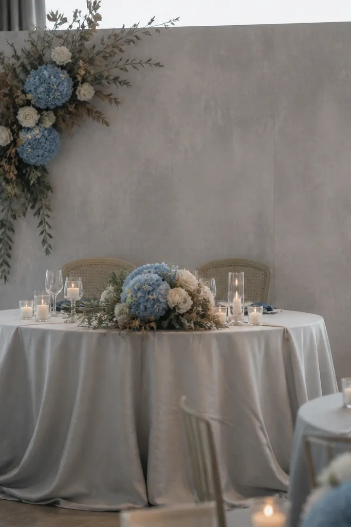 Pearl gray table runner with blue napkins, cream candles, and white shells