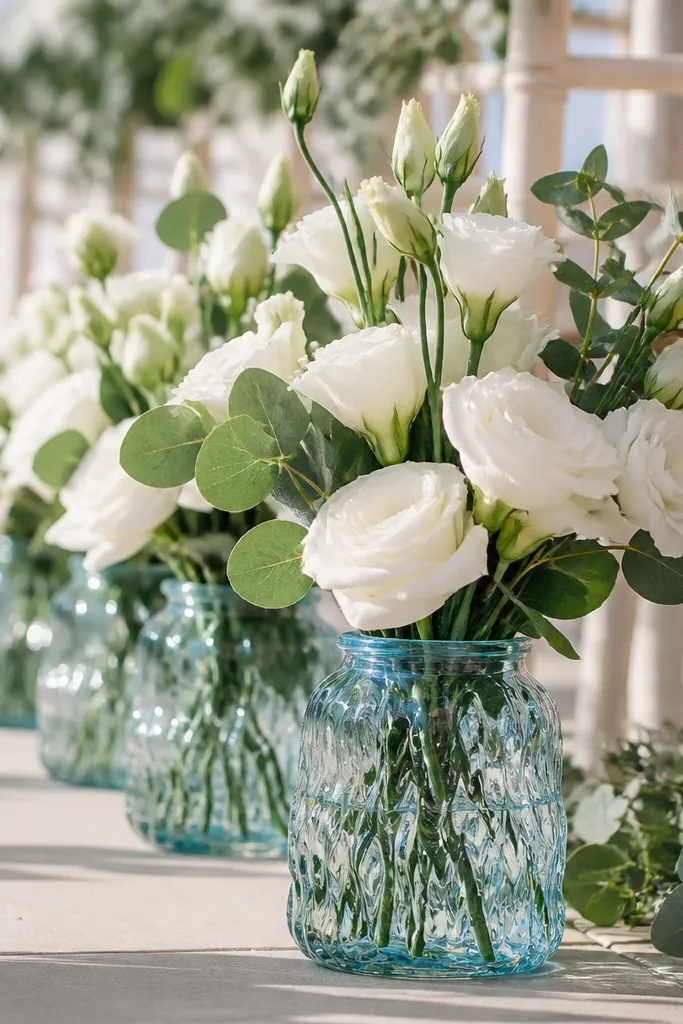 Cyan glass vases with white flowers and sand-toned candles on a beach table