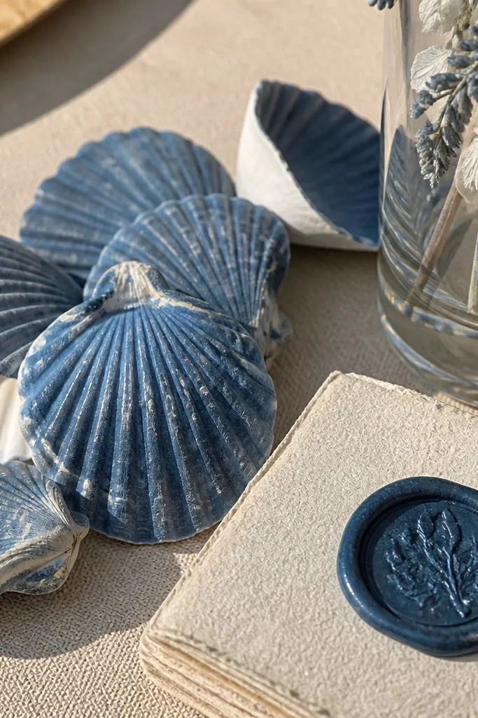 Navy seashell accents with cream candles and soft blue napkins on a linen table