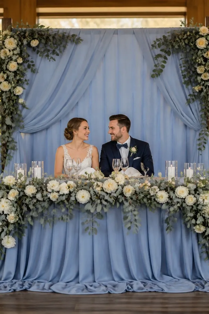 Periwinkle draped fabric backdrop with cream chairs and eucalyptus garlands