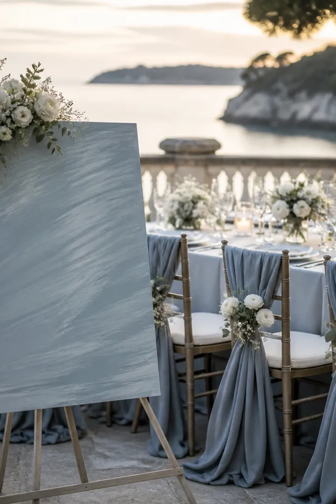 Arctic blue bridesmaid dresses with white roses and silver flatware on a linen table