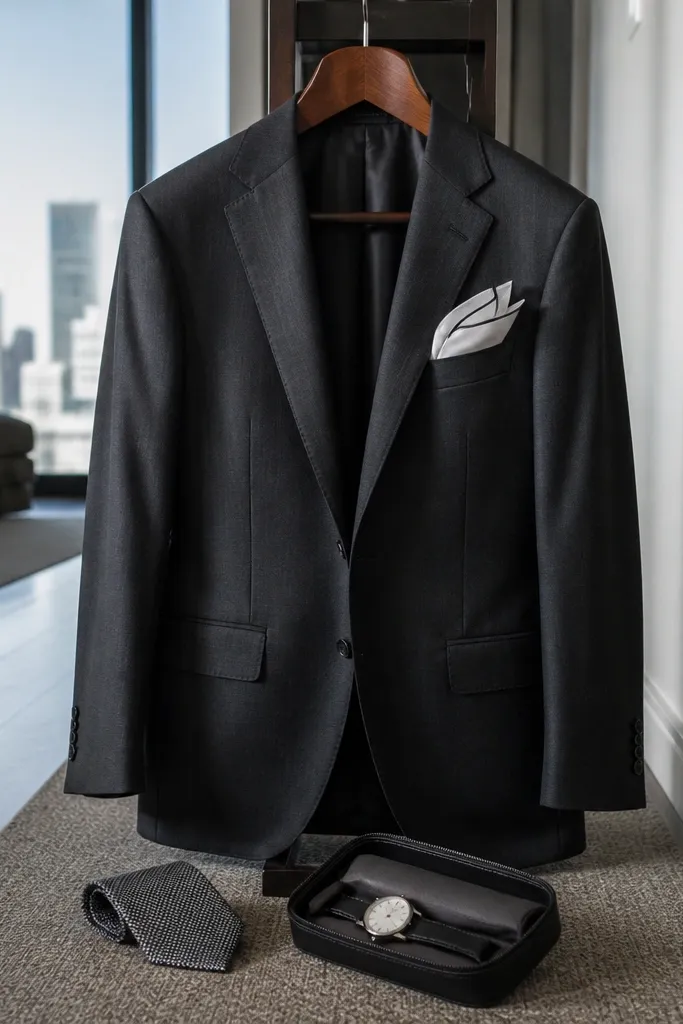 Charcoal blazer with a crisp white pocket square beside a folded note