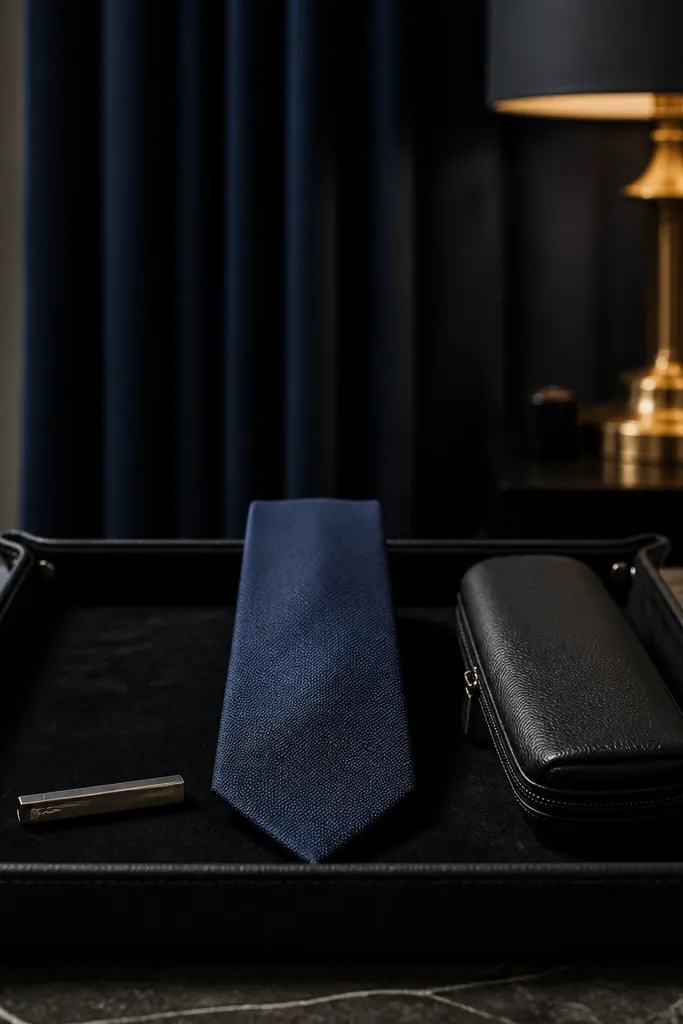 Navy tie, black leather valet tray, watch pouch, and a handwritten note