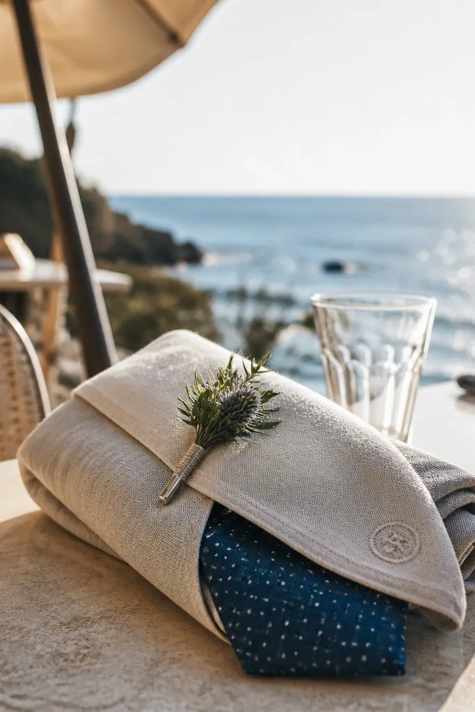Beige linen napkin wrap holding a tie and a small boutonniere pin