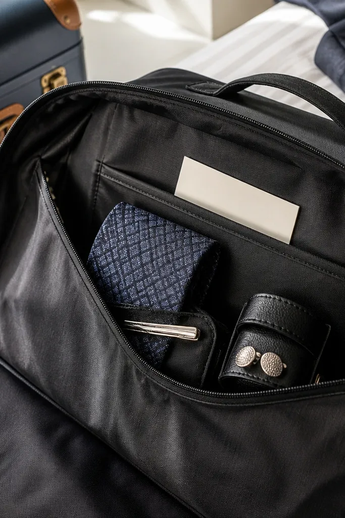 Black garment bag with cufflinks, tie bar, and a card on top