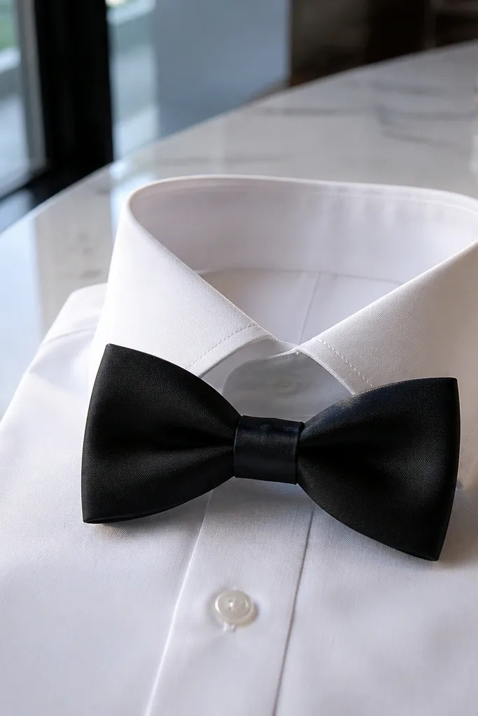White dress shirt, black bow tie, and a note on a light marble surface