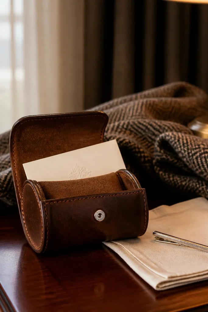 Brown leather watch pouch open with a card tucked inside