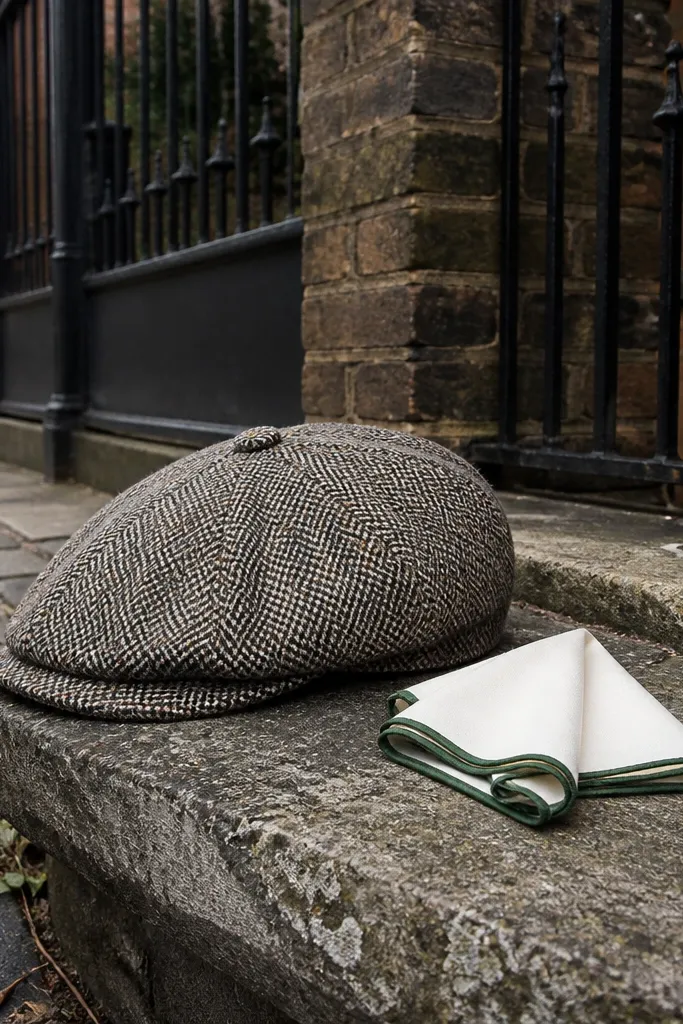 Tweed cap and folded pocket square with a card on a cobblestone street