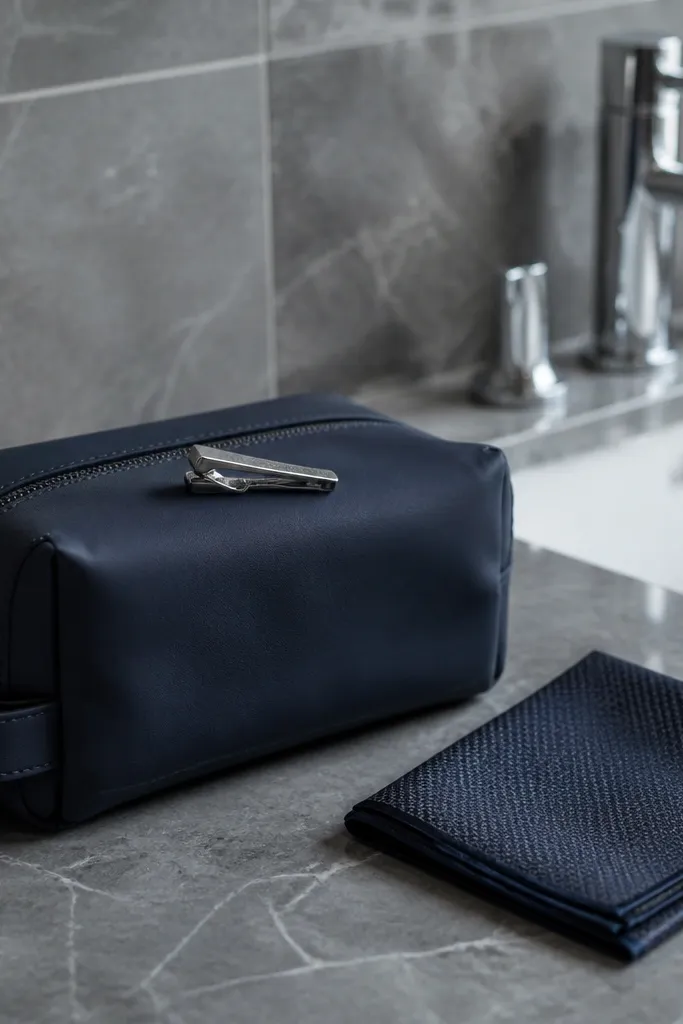 Black toiletry kit with tie clip and a handwritten note on a hotel bed