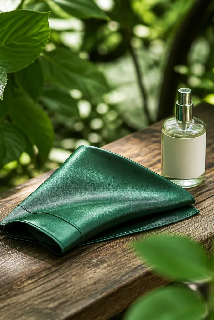 Emerald pocket square and small spray bottle on a garden bench