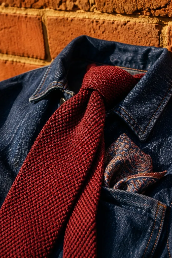 Maroon knit tie on denim with a card against a brick wall