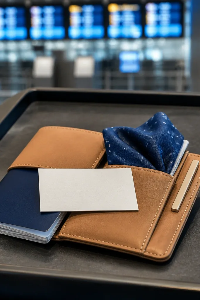 Tan passport sleeve with pocket square and note on a travel tray