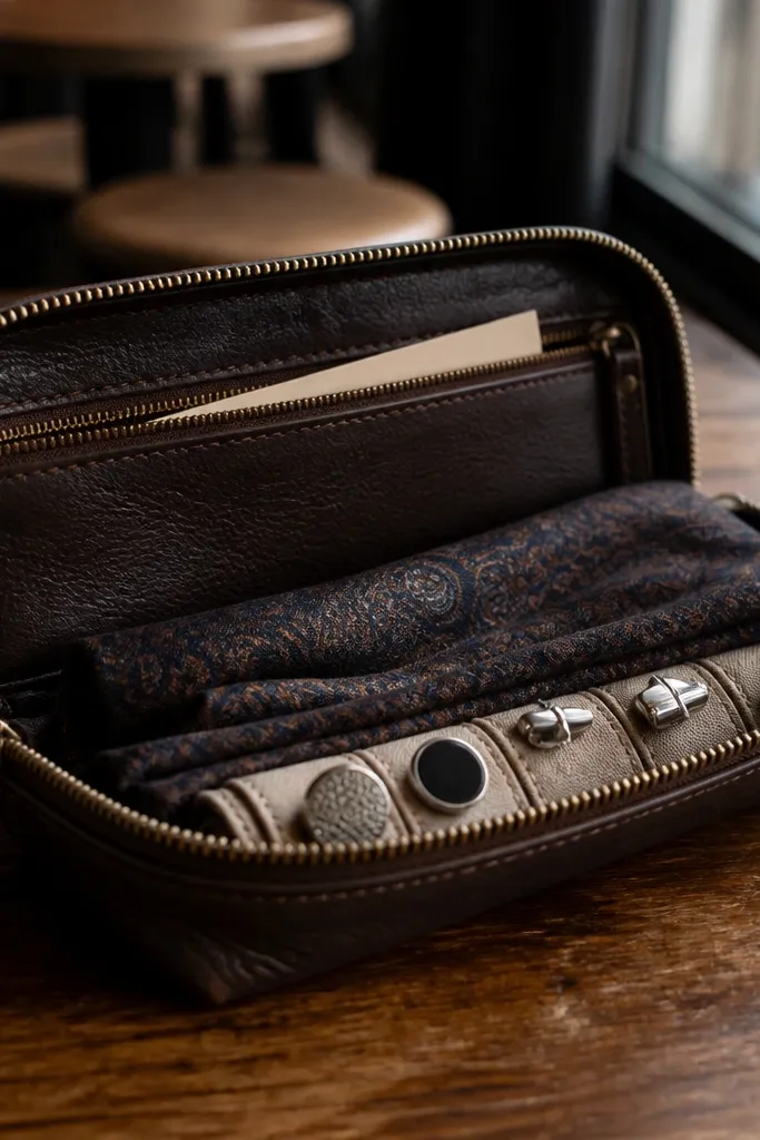 Leather pencil case opened to reveal cufflinks and a folded pocket square