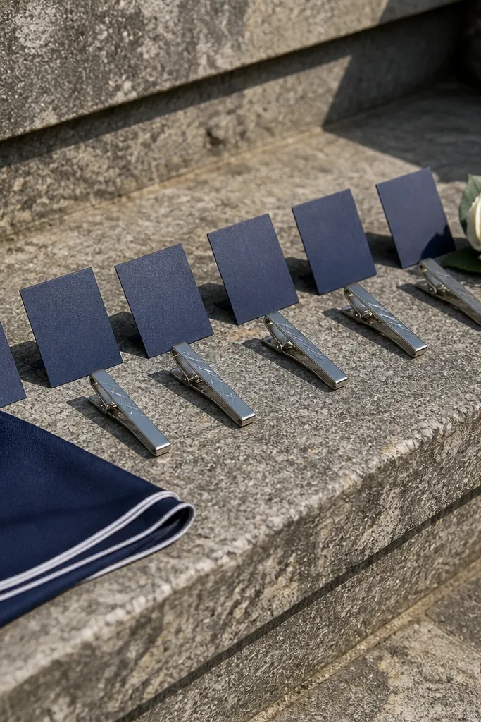 Tie bars laid on stone steps with matching cards and a boutonniere pin