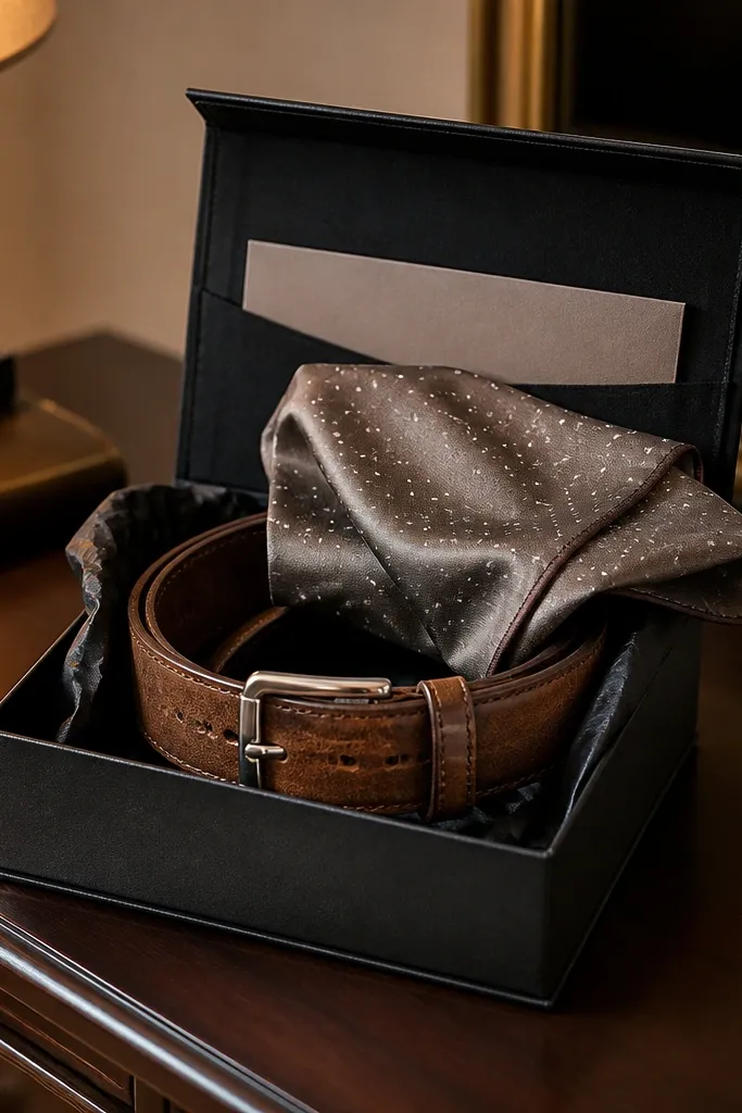 Brown leather belt and silk pocket square in a small gift box with a card