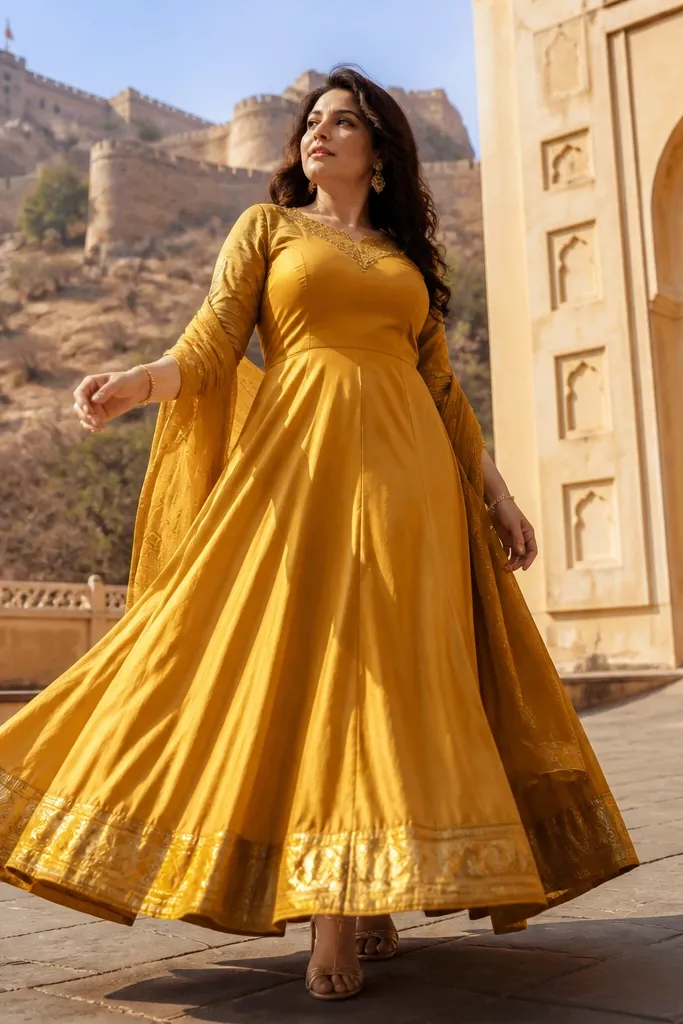 Yellow anarkali dress with a structured satin top and flared skirt