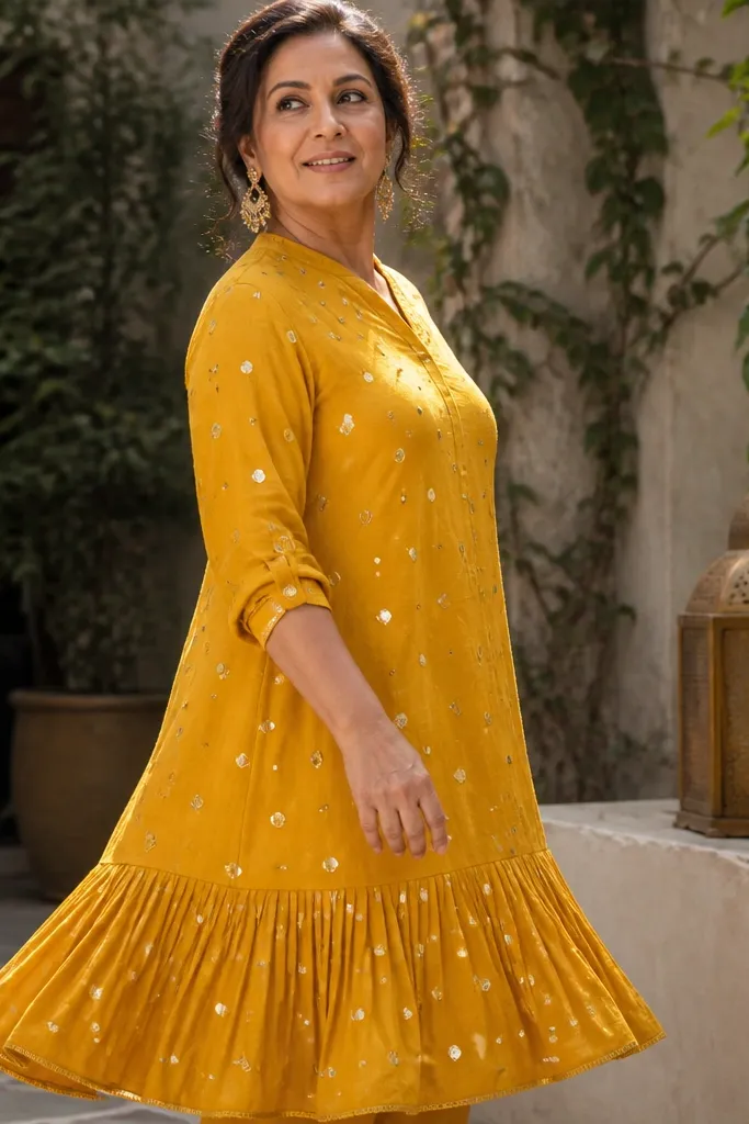Marigold yellow kurta dress with mirror details and a short flounce hem