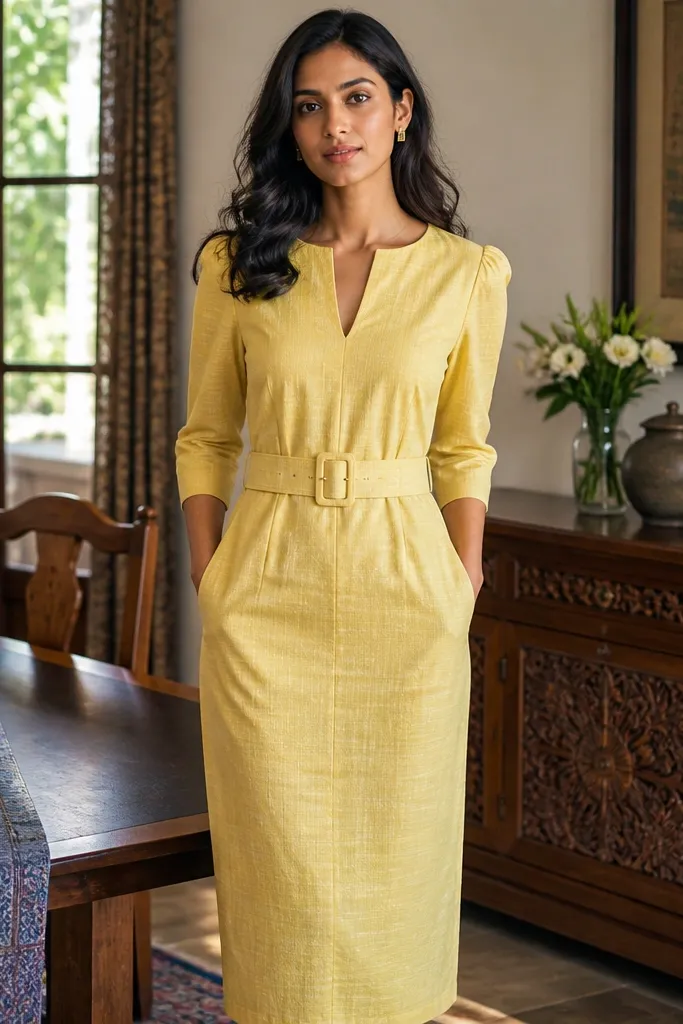 Straight lemon yellow dress with a wide belt at the waist