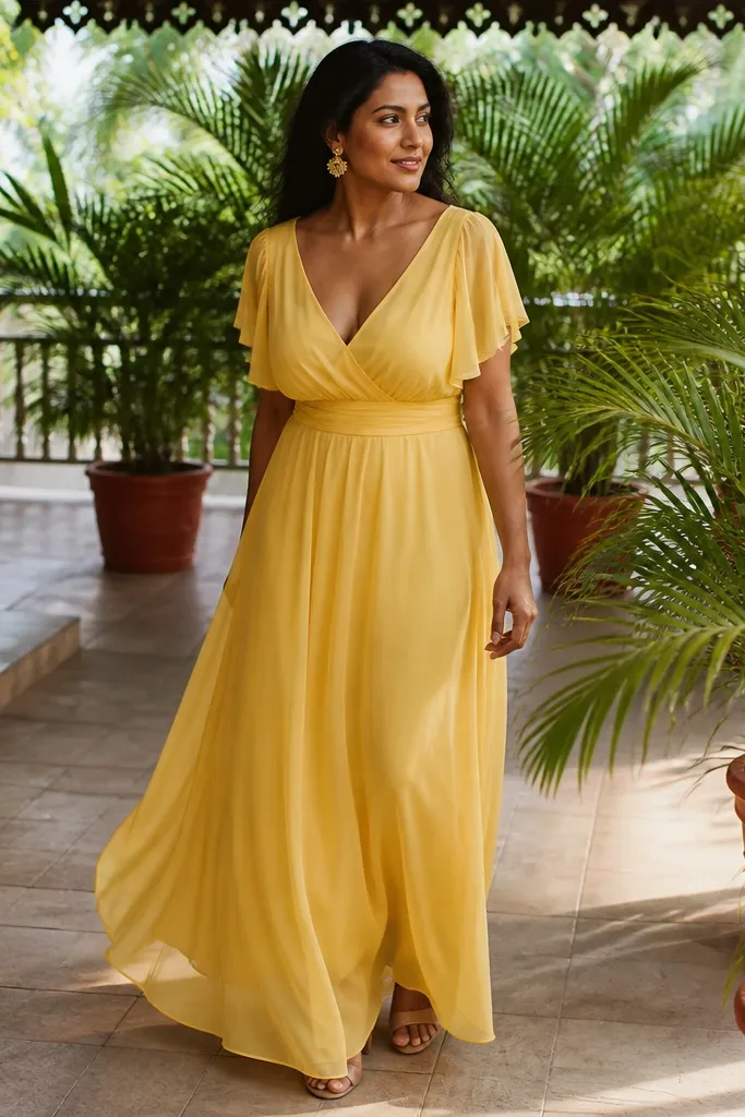 Deep V yellow georgette gown with flutter sleeves and flowing skirt