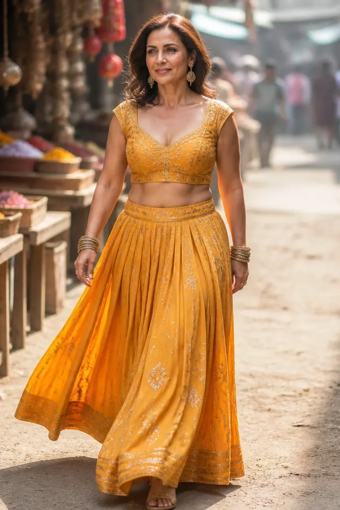 Saffron yellow dress with a pleated skirt and fitted blouse