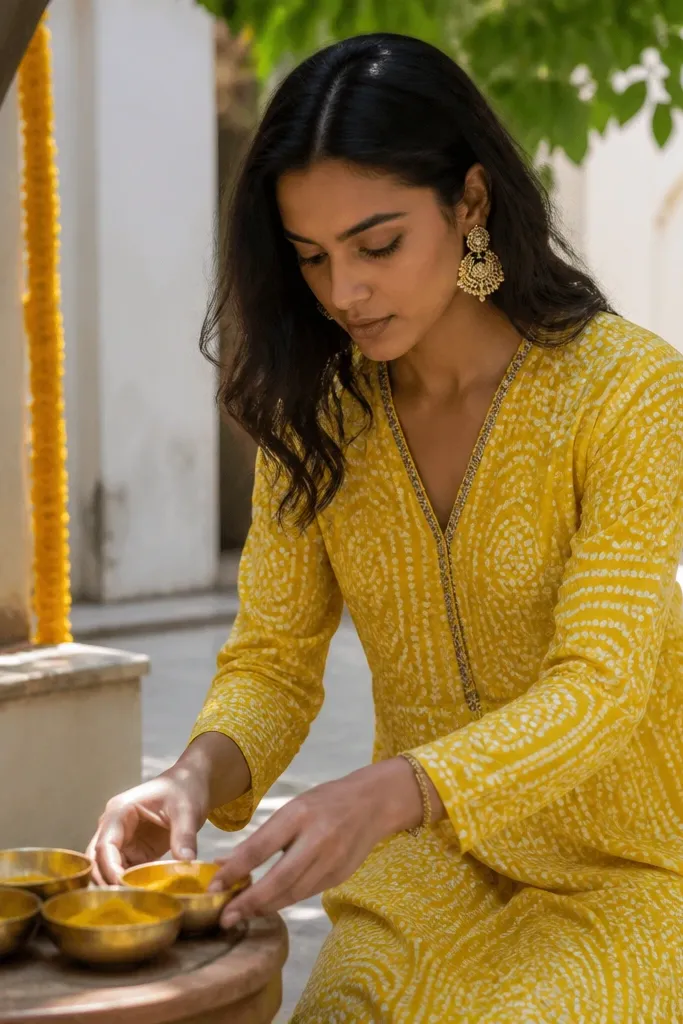 Yellow dress with small tie-dye texture and matte surface