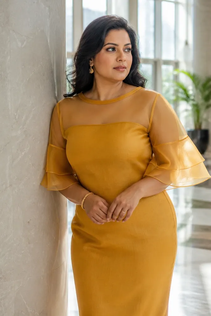 Turmeric yellow straight dress with sheer organza overlay
