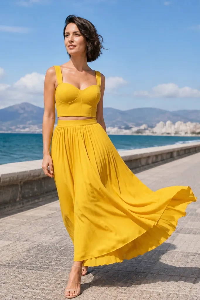 Sunflower yellow cropped top with long skirt set