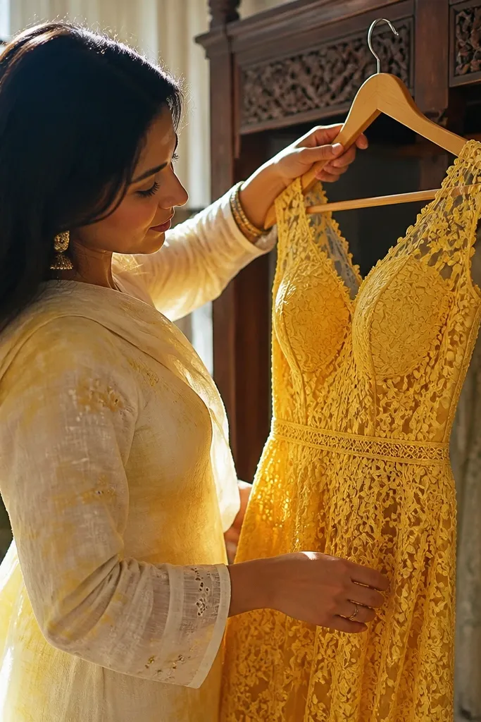 Yellow lace dress with nude lining and fitted silhouette