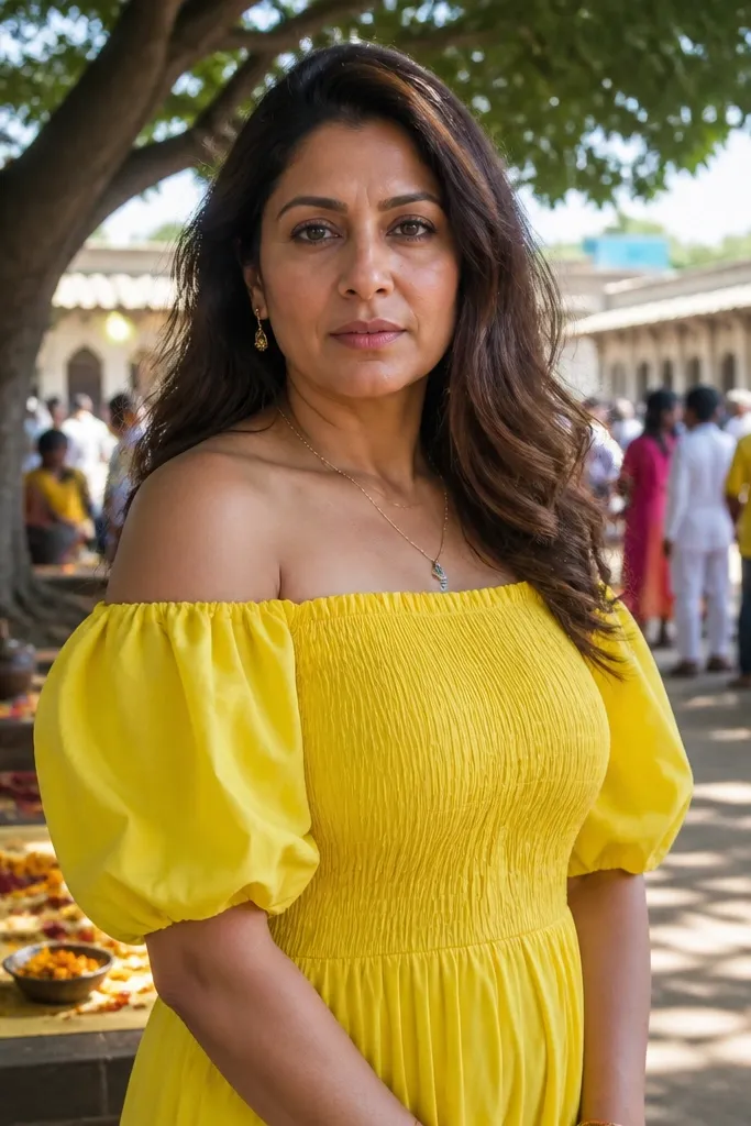 Yellow off-shoulder dress with puff sleeves and smocked bodice