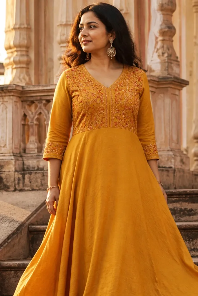 Marigold yellow dress with embroidered yoke and plain flared skirt
