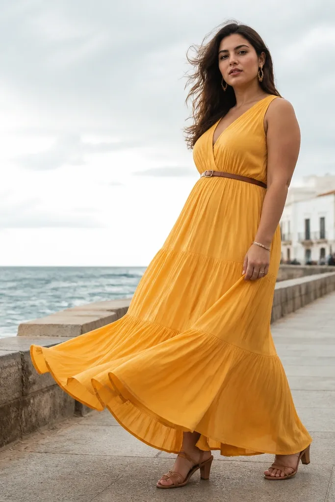 Yellow maxi dress with tiered skirt and thin waist belt