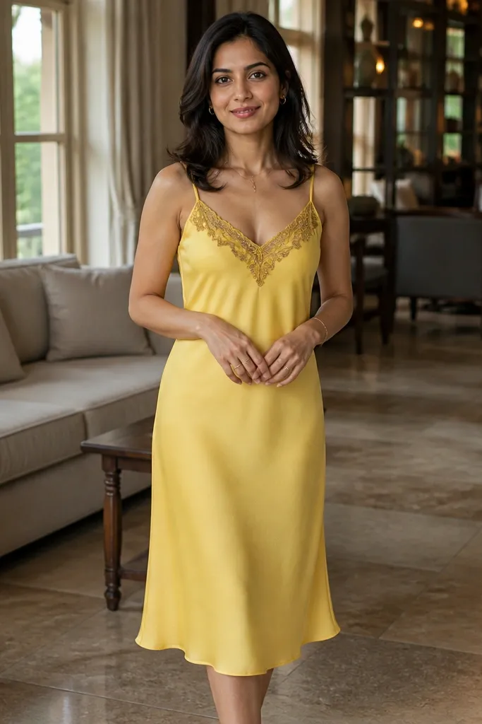 Yellow satin midi slip with embroidered neckline detail