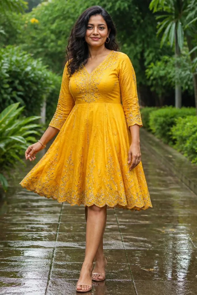 Short turmeric yellow anarkali with scalloped hem and fitted bodice