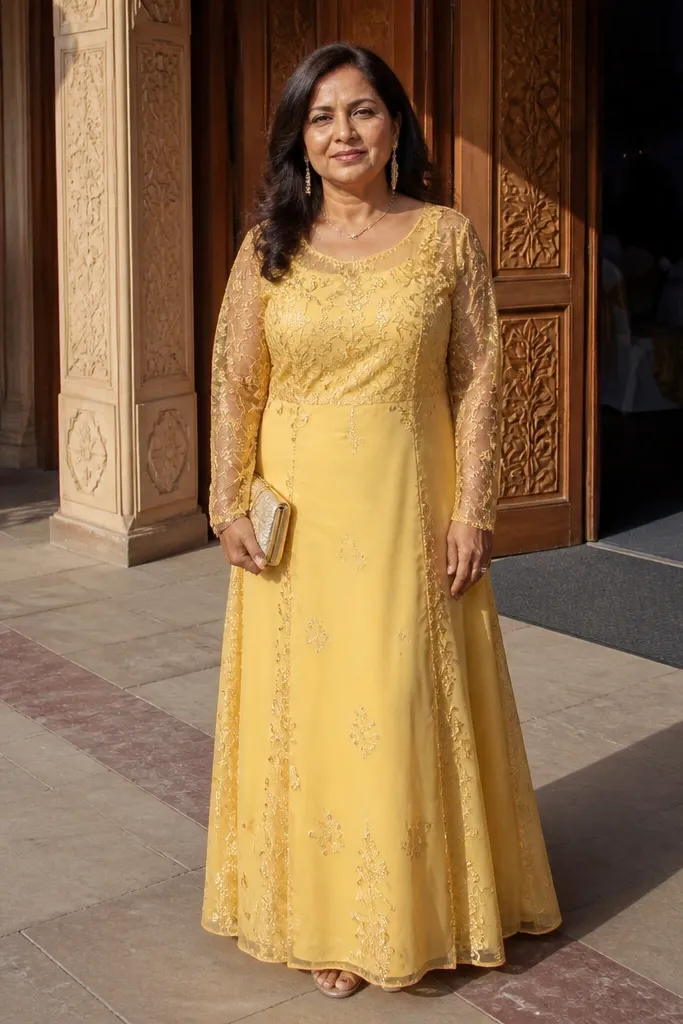 Yellow gown with embroidered sheer sleeves and matte lined body