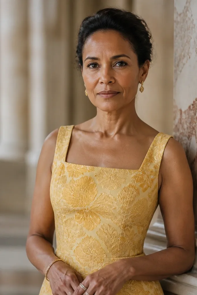 Yellow jacquard dress with floral pattern and square neckline