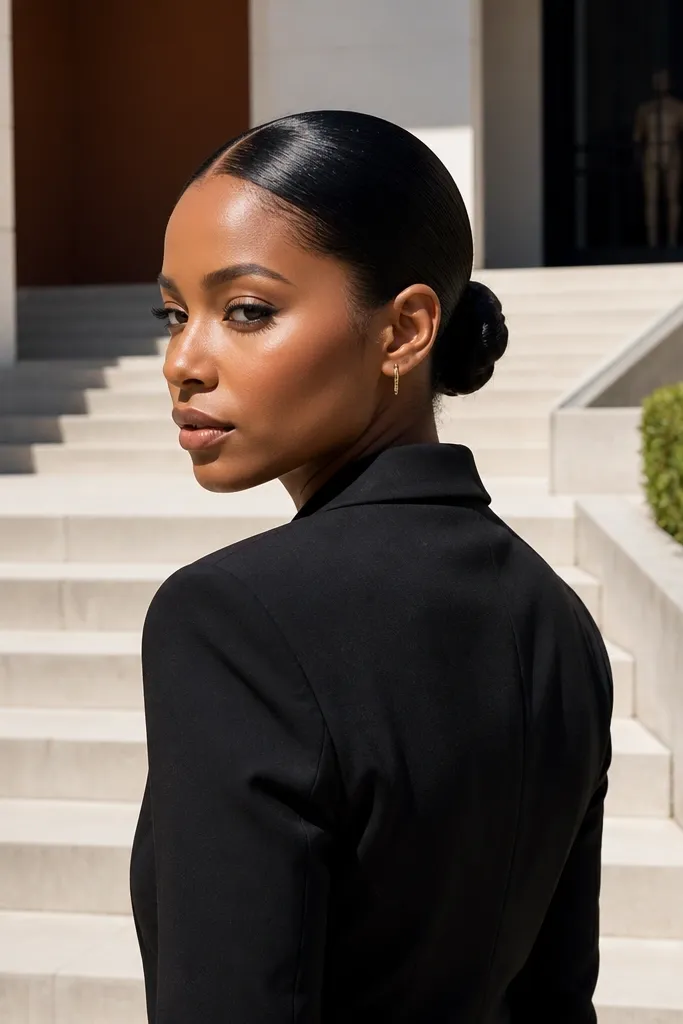 Sleek hair parted in the middle, gathered into a low bun with small pinned strands.