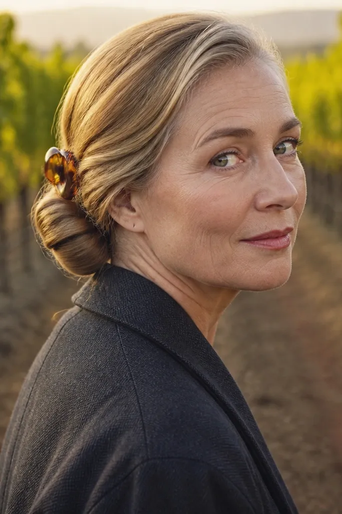 Low bun made from twisted hair rope, held with a small barrette.