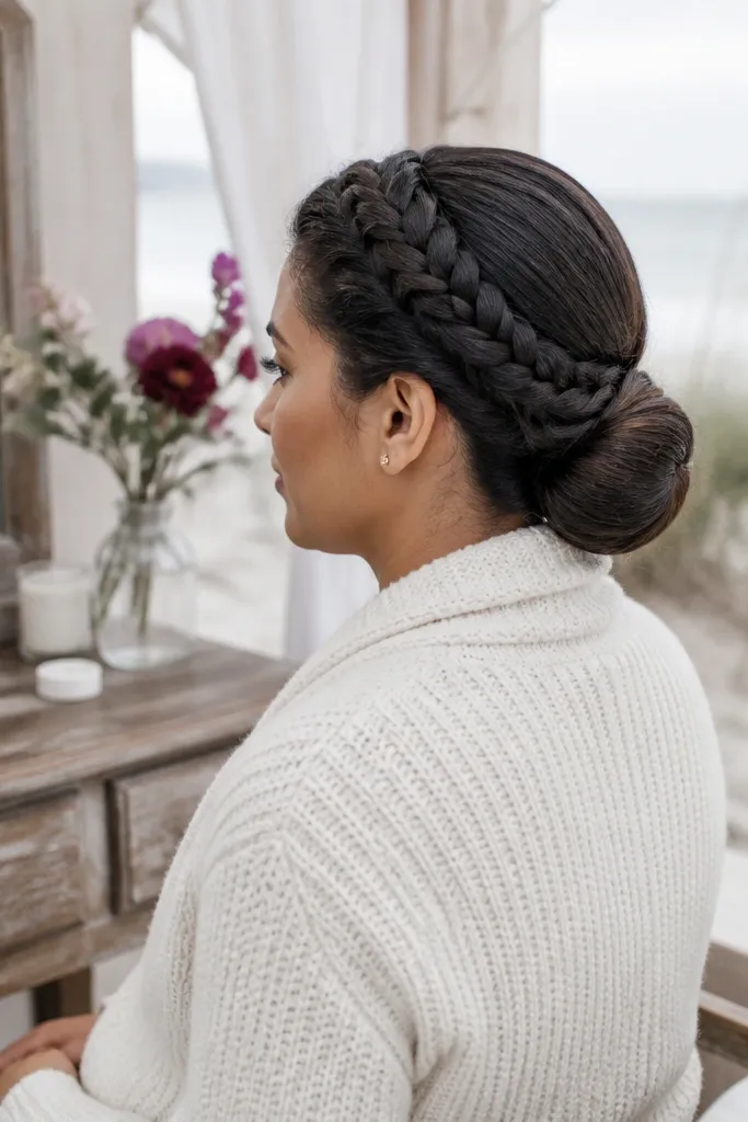 Smooth low bun with a thin braided band across the crown.