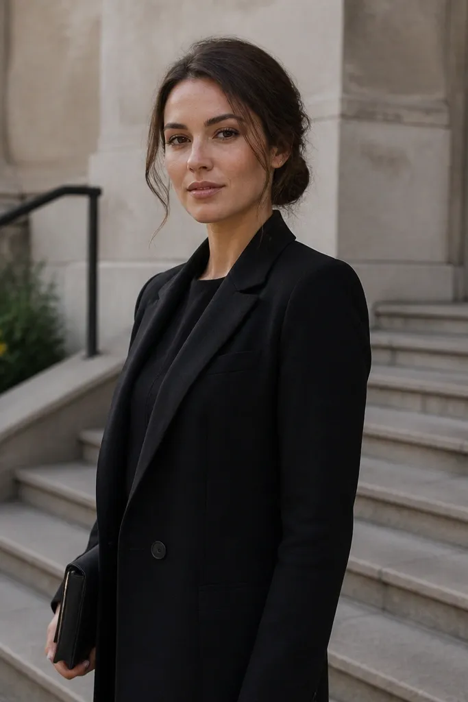 Low bun with soft messy texture and a few intentional loose strands.