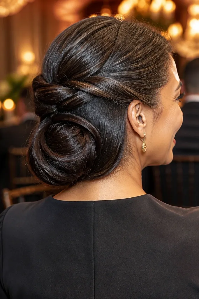 Half-up section twisted back into a low bun, with no visible rubber band.