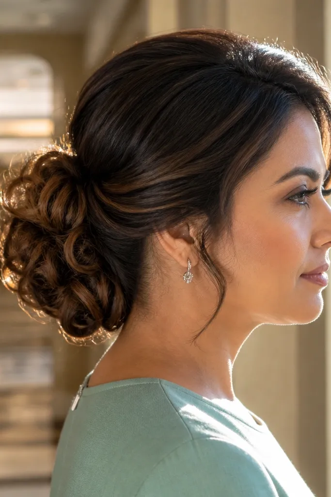 Low bun where curled ends are tucked into the center for a dimensional shape.