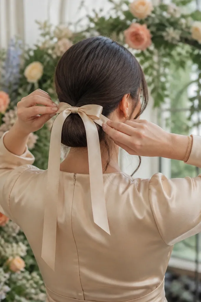 Low bun wrapped with a satin ribbon tied at the base.