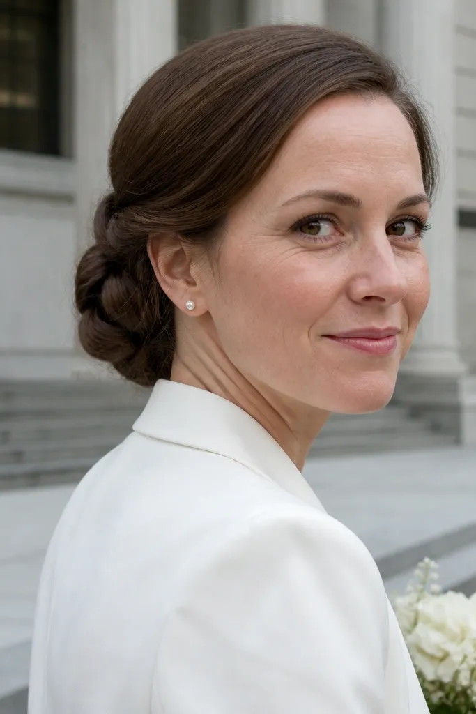 Low bun built on a braided pony base with tidy pinning.