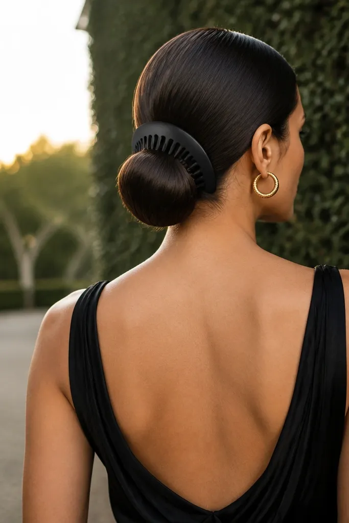 Sleek low bun with a curved decorative comb placed across the back.